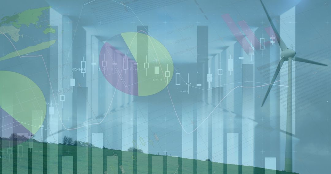 Financial Data and Graphics Overlapping Wind Turbine Image