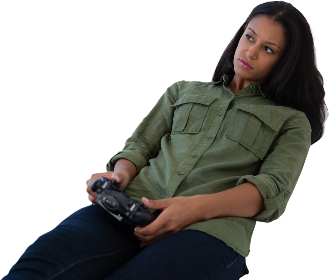 Transparent Image Thoughtful Woman Holding Video Game Controller - Download Free Stock Images Pikwizard.com