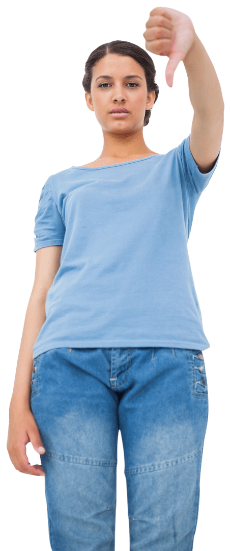 Neutral Brunette Woman Showing Thumbs Down on Transparent Background