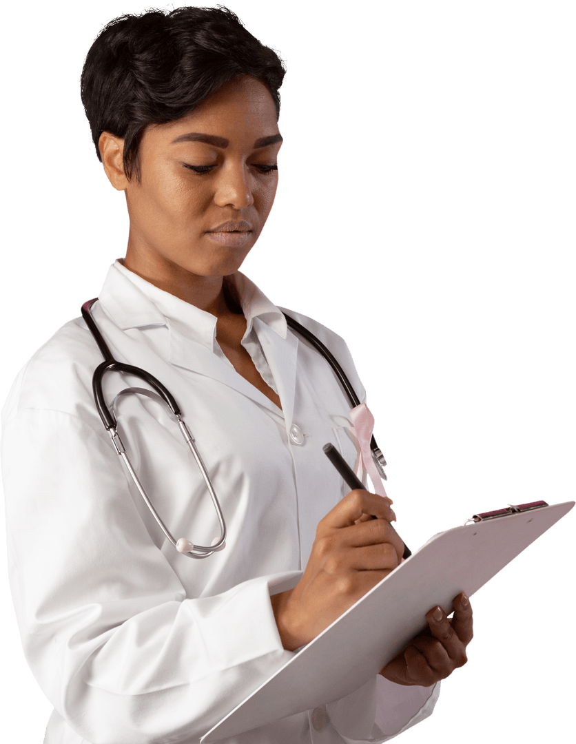 Transparent Professional Nurse Writing Notes with Pink Ribbon Detail
