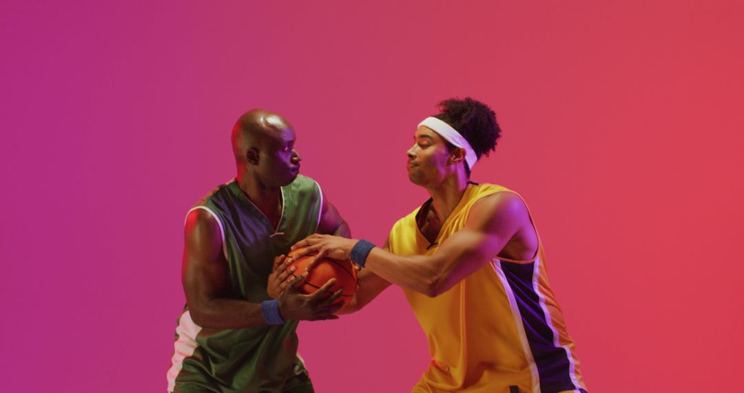 Determined Basketball Players Competing Under Pink Light