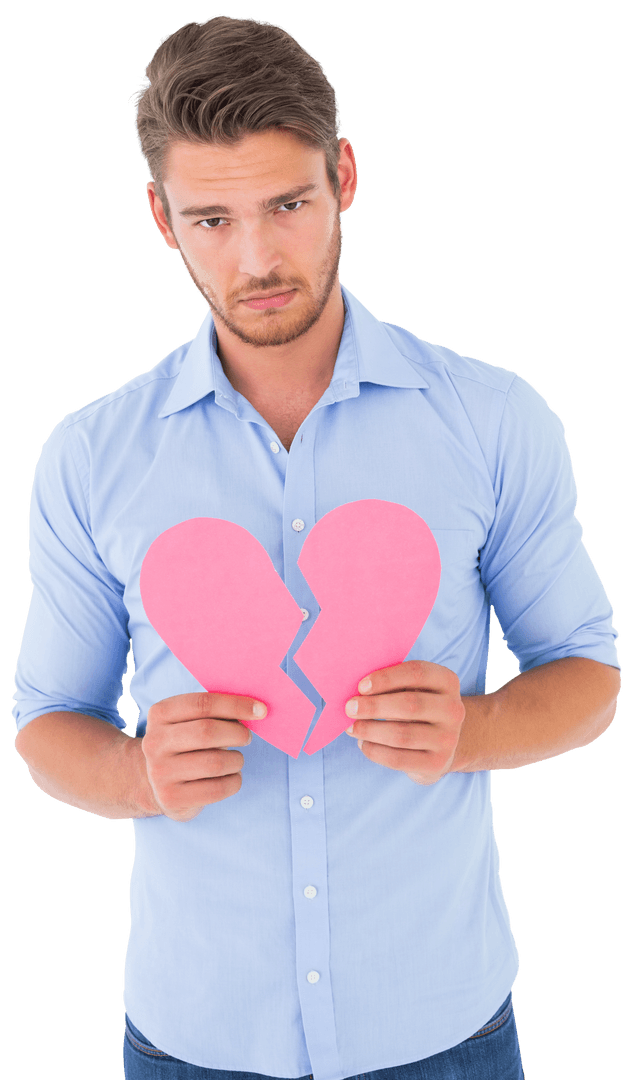 Heartbroken Man with Paper Heart on Transparent Background
