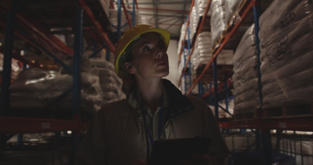 Warehouse Worker Conducting Inventory with Hard Hat and Tablet - Free Images, Stock Photos and Pictures on Pikwizard.com