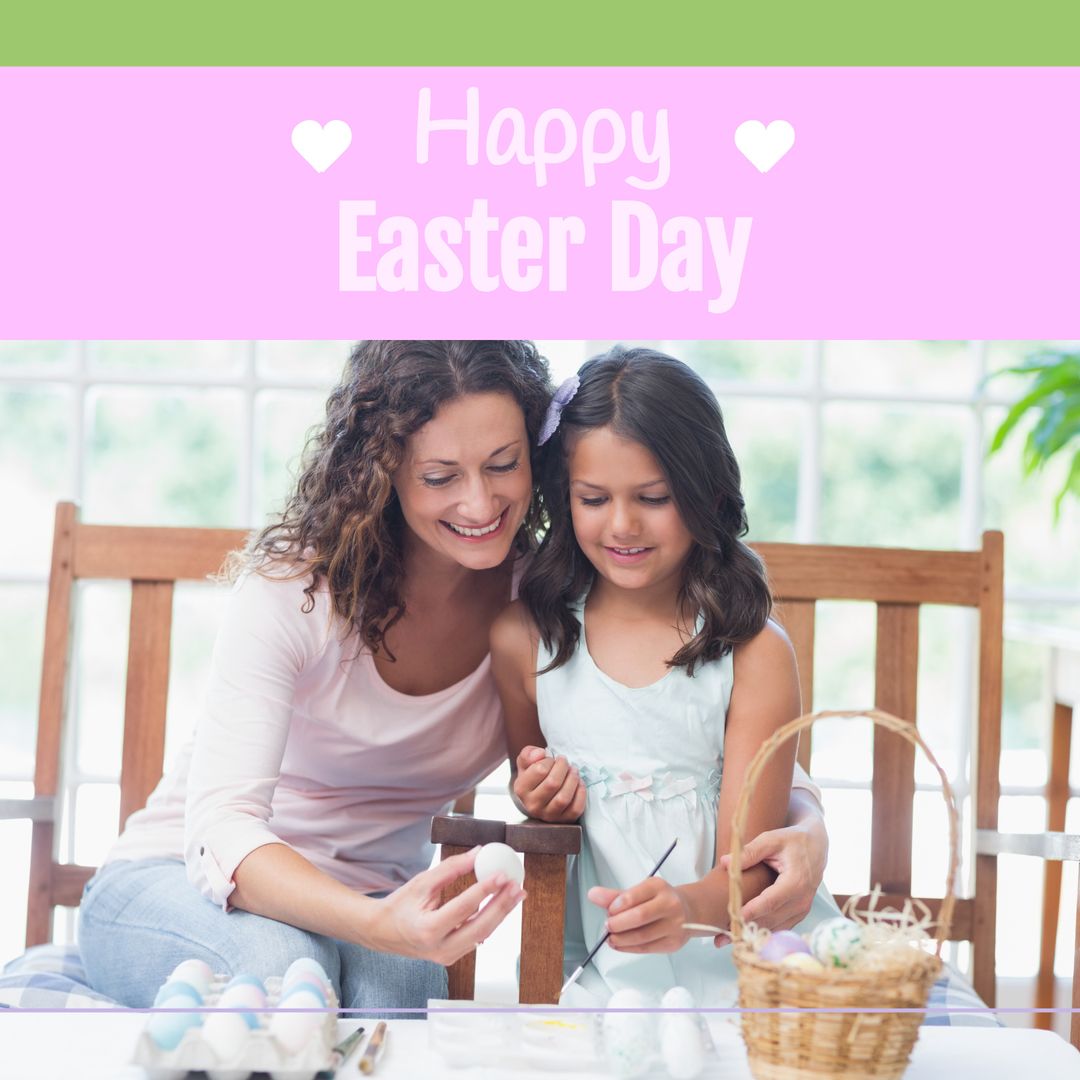 Mother and Daughter Celebrating Easter by Painting Eggs