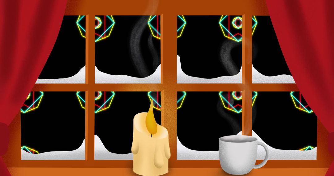 Cozy Winter Scene with Candle and Warm Drink by Snowy Window