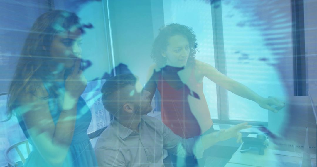 Collaborating team analyzing global data with digital world map overlay for business analytics