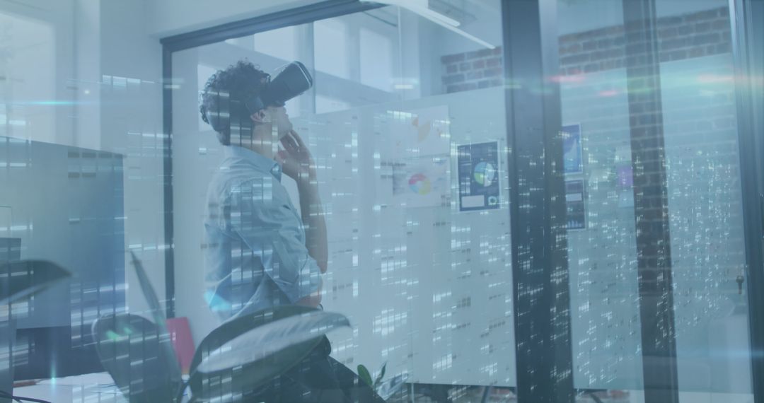 Businessman Experiencing Virtual Reality and Data Interface