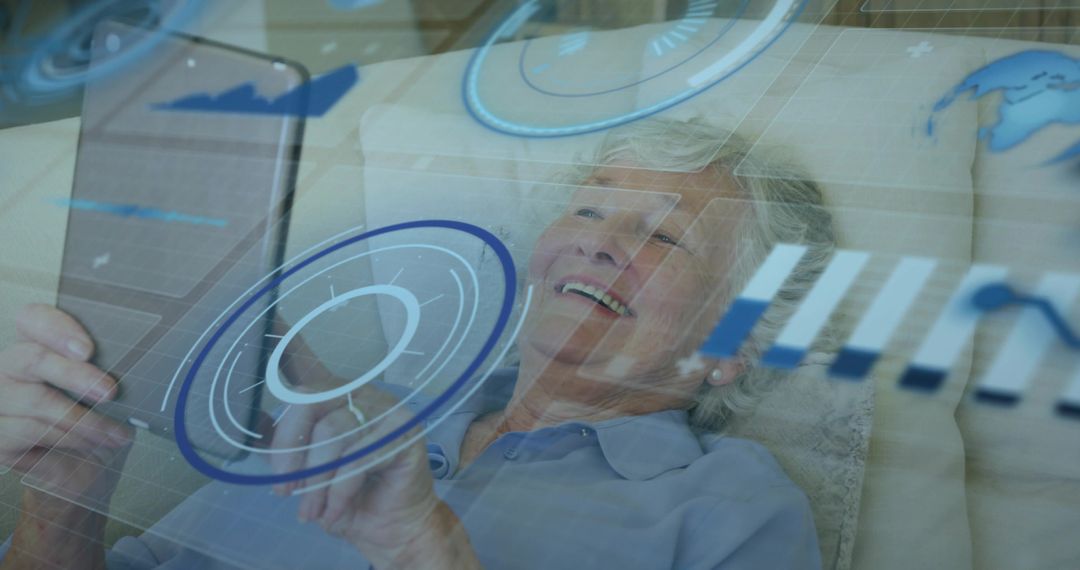 Elderly Woman Using Tablet with Futuristic Digital Interface
