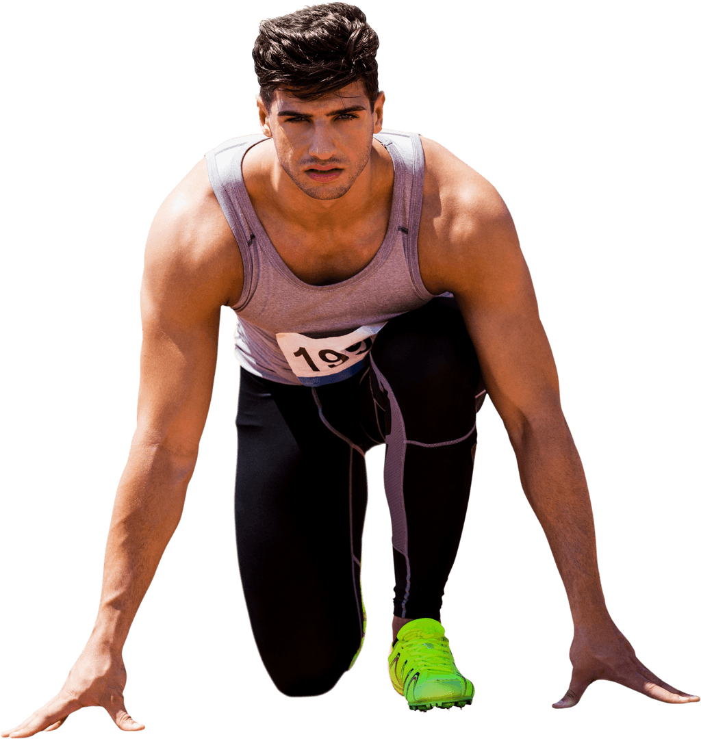 Dynamic Hispanic Runner in Starting Position with Transparent Background