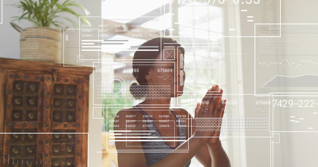 Woman praying with headphones by window with digital wellness UI overlays
