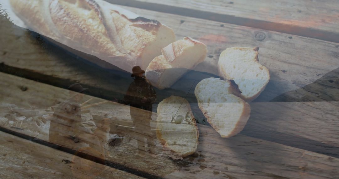 Rustic French Baguette with Reflective Farm Silhouette