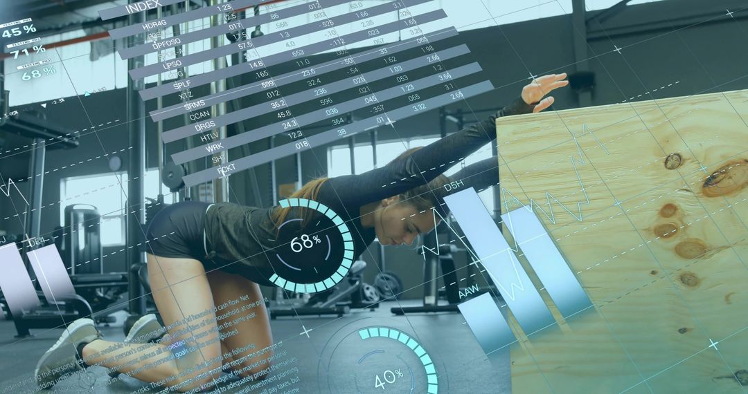 Woman Exercising with Digital Performance Data Overlay in Gym