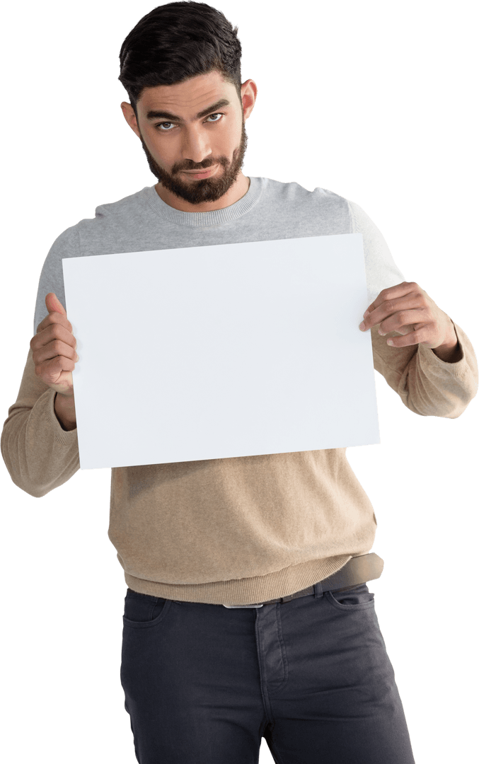 Looking Man Displaying White Transparent Blank Sign