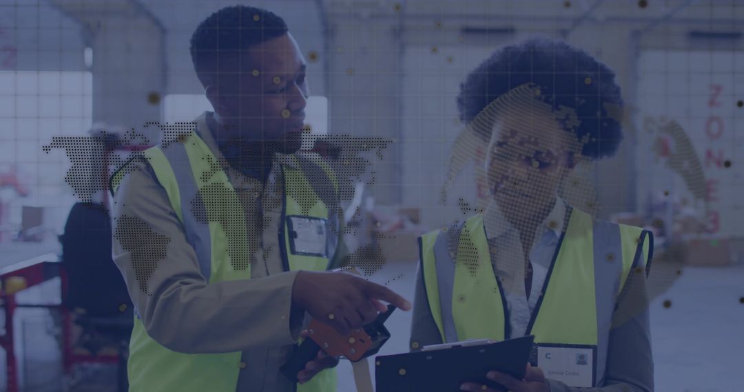 Warehouse Workers Discuss Logistics While Using Barcode Scanners
