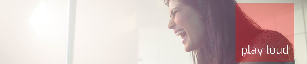 Woman Joyfully Enjoying Music by Speaker with Text Overlay