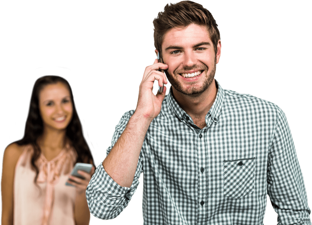 Joyful Couple Communicating on Smartphones with Transparent Background