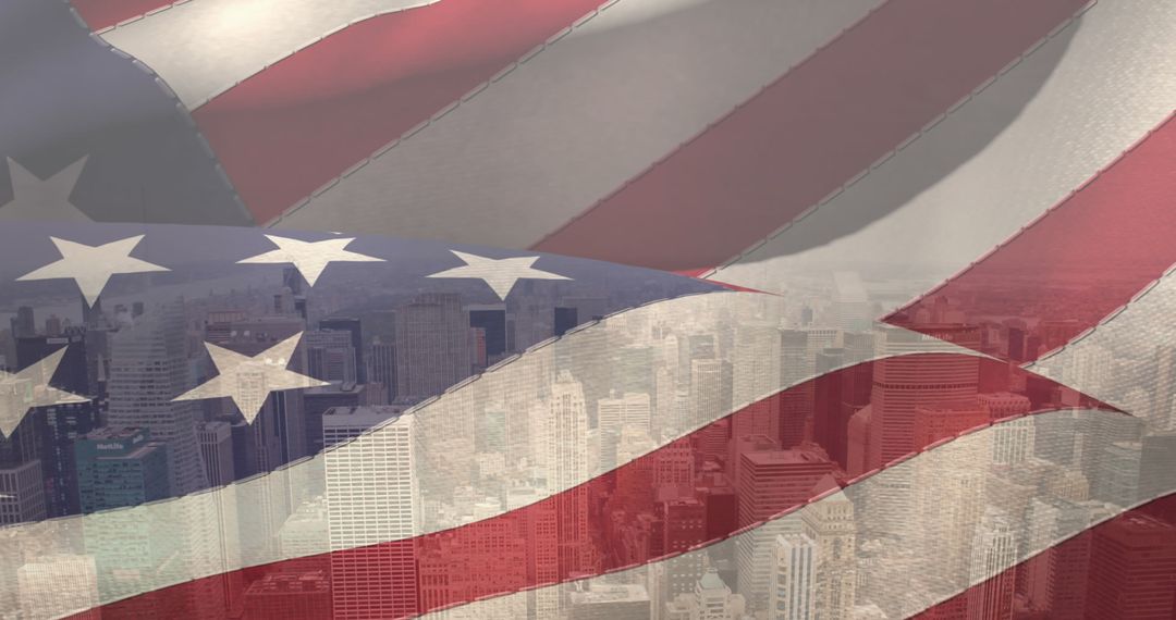 American Flag Overlays Cityscape, Patriotism and Modernity