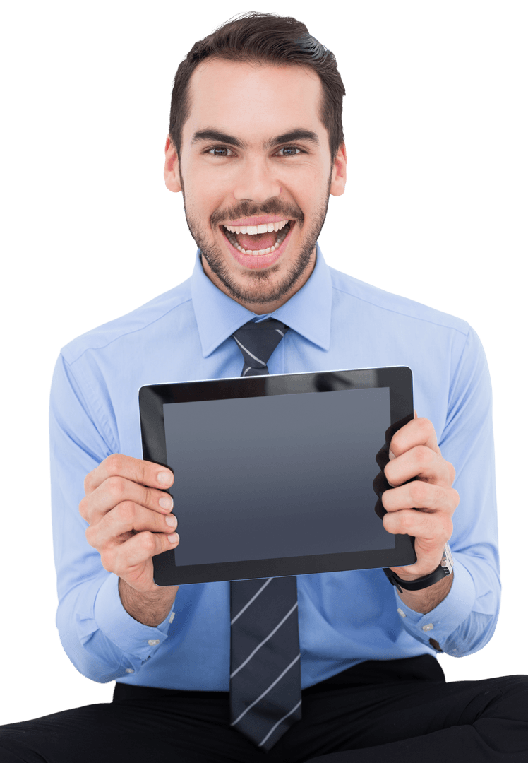 Happy Businessman Holding Transparent Tablet with Broad Smile