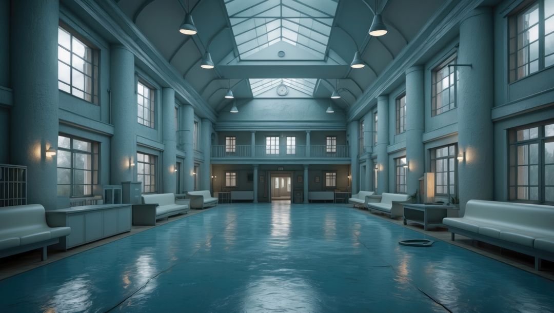 Concept atrium of mental institution with gleaming skylight and seating