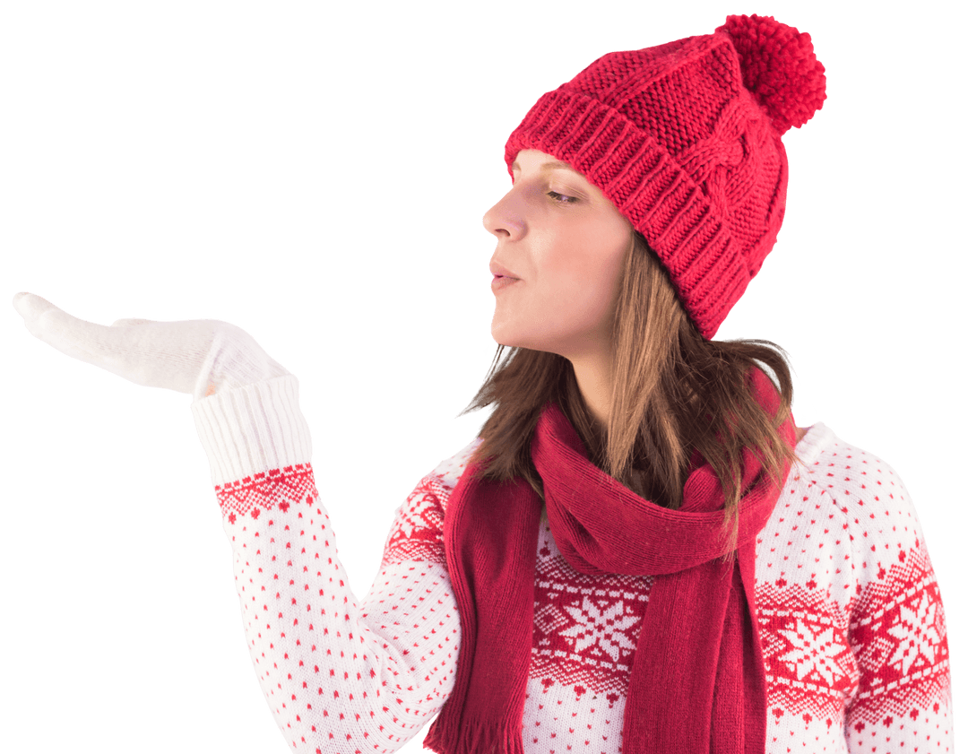 Transparent Woman in Winter Wear Blowing Invisible Kiss