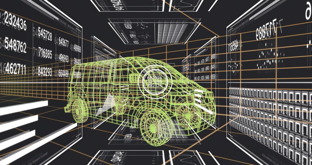 Neon Green Wireframe Van in 3D Design Lab with HUD Panels and Futuristic Grid Interface