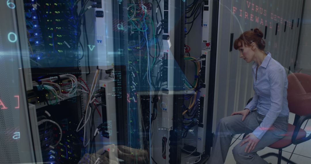 IT Engineer Monitoring Server Room with Data Processing Overlay