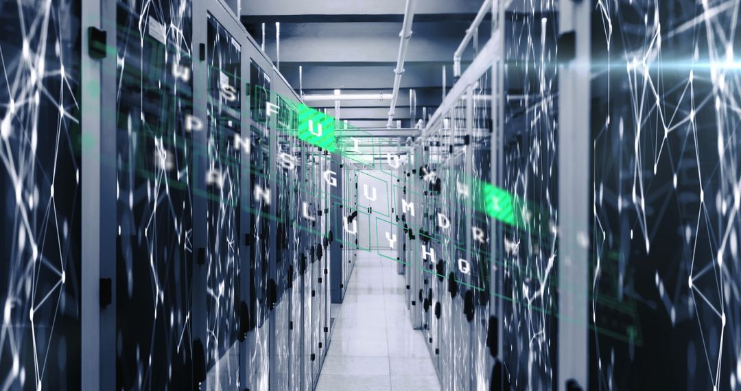 Futuristic Server Room with Data Connections and Overlay