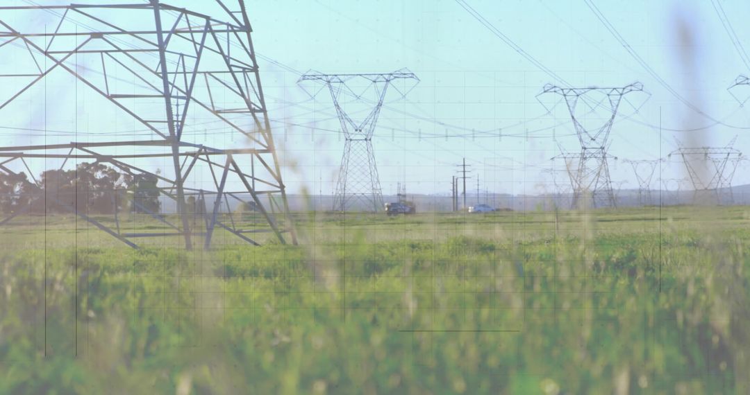 Lattice Transmission Tower Over Rural Landscape with Power Lines
