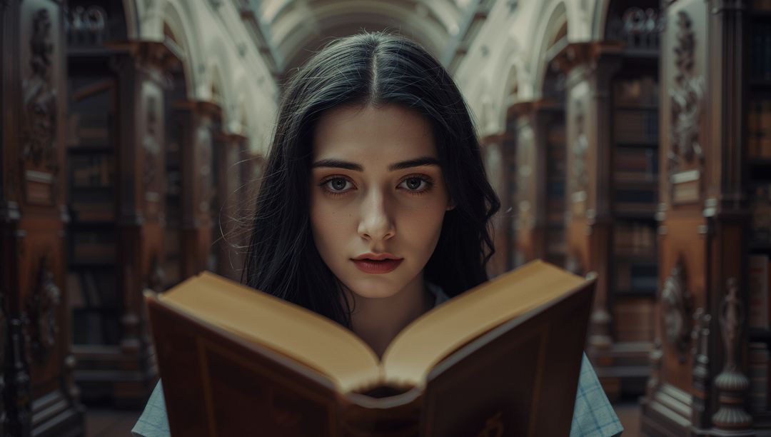 Young Woman Engaged in Reading at Expansive Classical Library