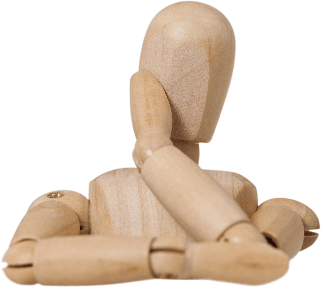 Contemplative Wooden Mannequin Leaning on Transparent Surface