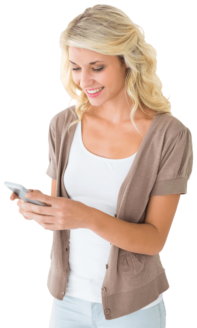 Smiling Blonde Woman Using Smartphone Transparent Background