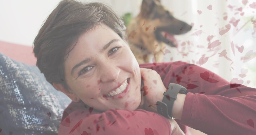 Smiling Woman Relaxing Indoors with Dog and Heart Graphics
