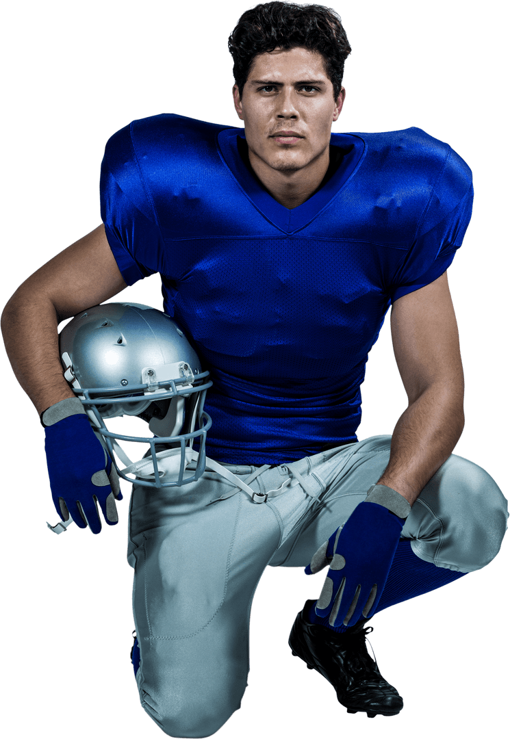 Confident American Football Player Kneeling with Helmet Transparent