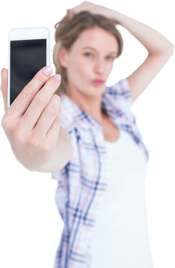 Stylish Woman Taking Selfie with Smartphone on Transparent Background