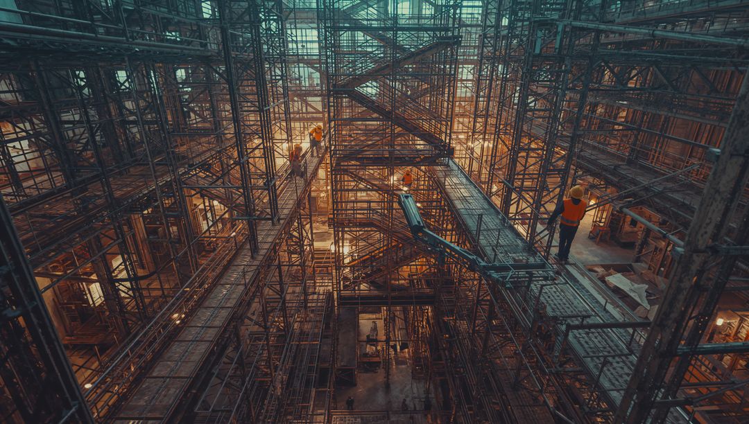 Industrial Construction Site Workflow with Scaffoldings and Workers