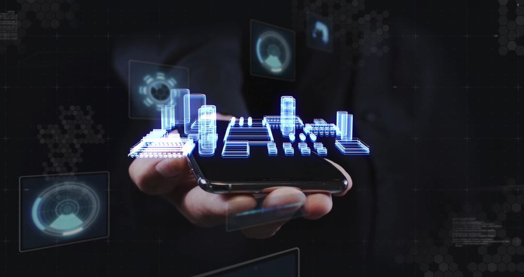 Businessman Holding Phone with Futuristic Digital Interface