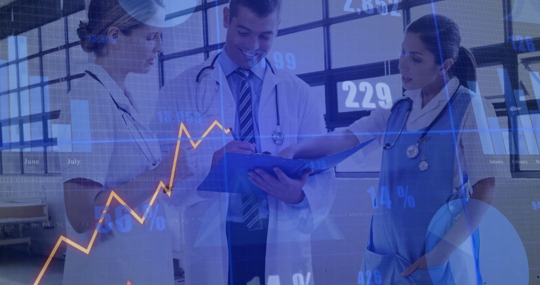 Medical Team Analyzing Data with Graphs and Charts Overlay