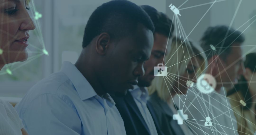 Diverse Team in Business Meeting with Digital Data Overlay