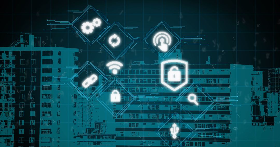 Futuristic Digital Icons Overlaying Cityscape