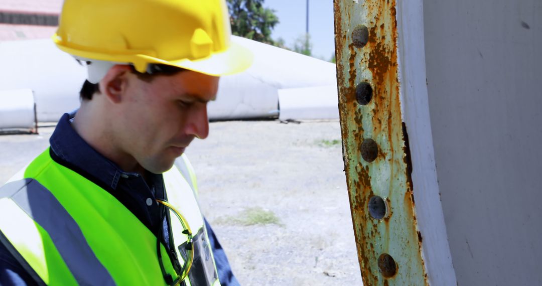 Engineer Inspecting Rusty Structure with Focused Precision - Free Images, Stock Photos and Pictures on Pikwizard.com