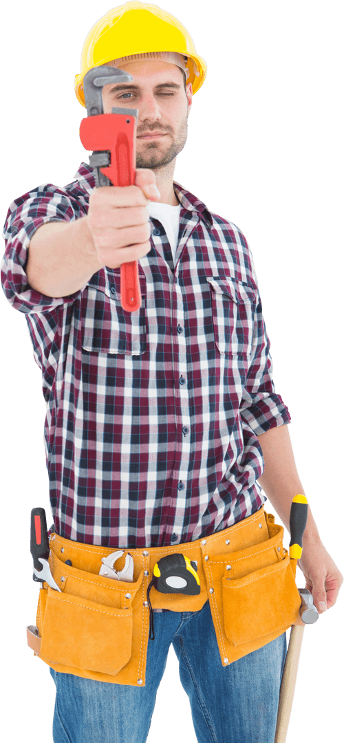 Transparent Portrait Confident Male Handyman Pointing Wrench
