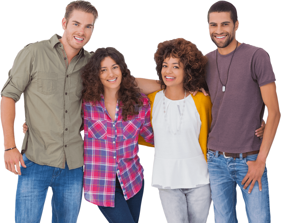 Diverse Group of Friends Embracing Positivity on Transparent Background