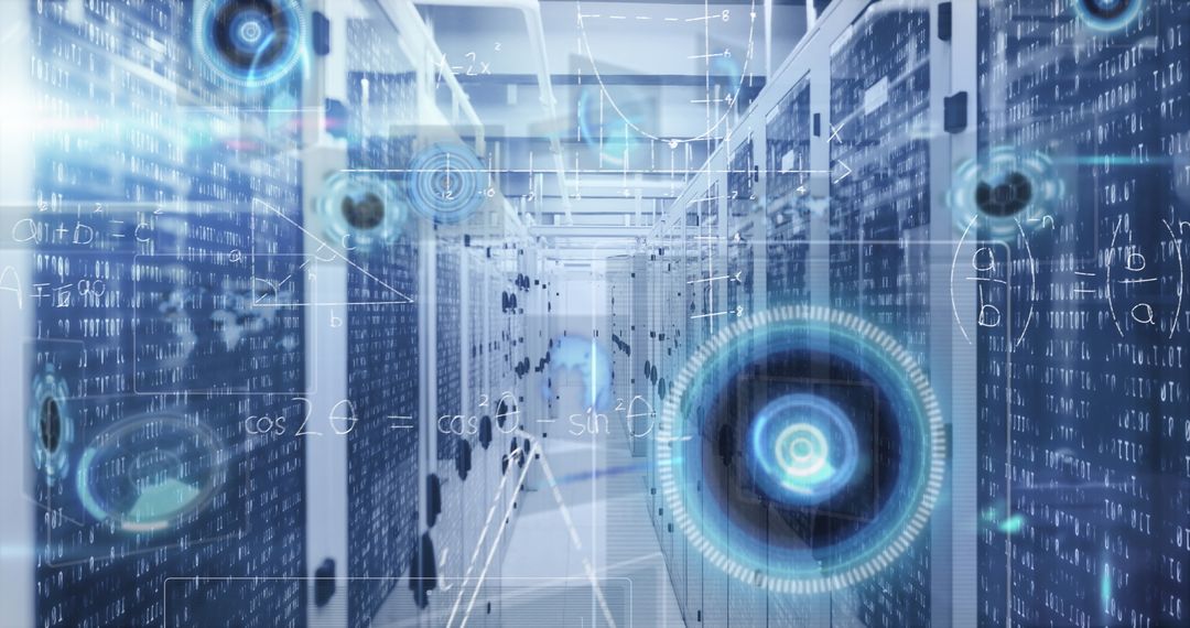 Digital Holograms Over Data Center Server Racks Symbolizing Cybersecurity