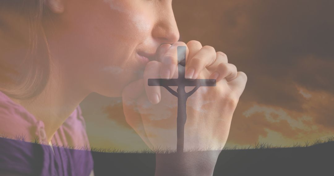 Image of caucasian woman praying and crucifix at sunset - Free Images, Stock Photos and Pictures on Pikwizard.com