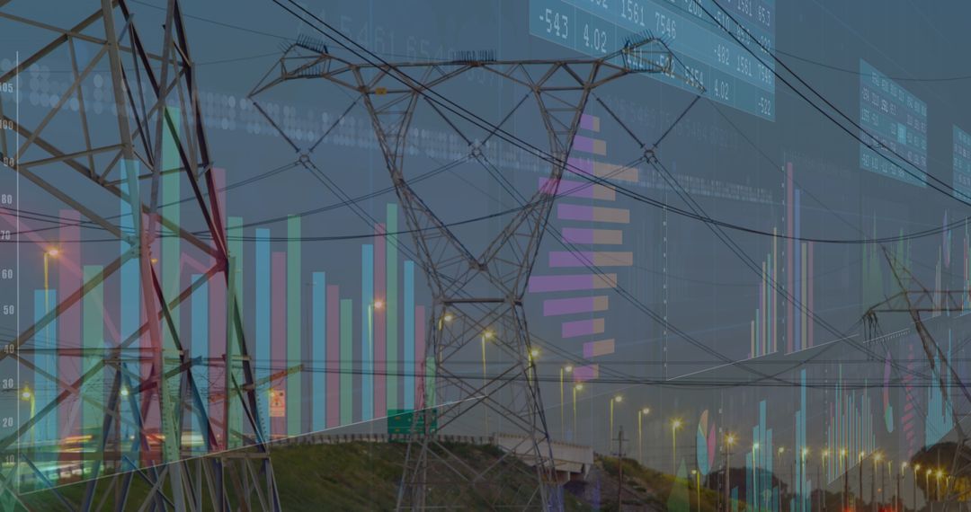 Financial Data Overlay with Electricity Pylons in Evening Ambiance
