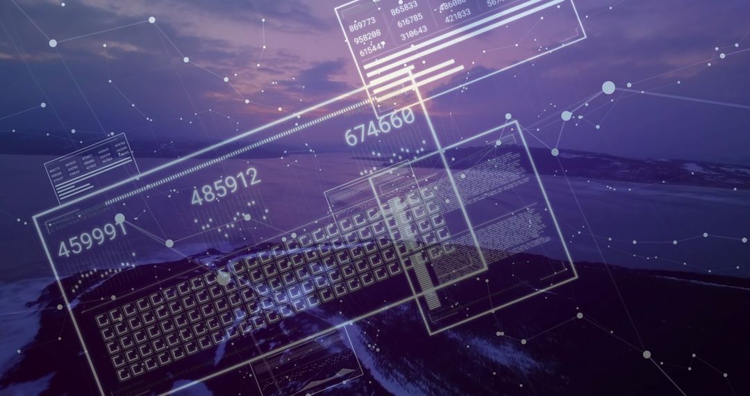 Futuristic Digital Interface Cascading Over Twilight Beach