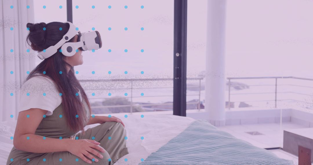 Woman Enjoying VR Experience by Ocean View Window