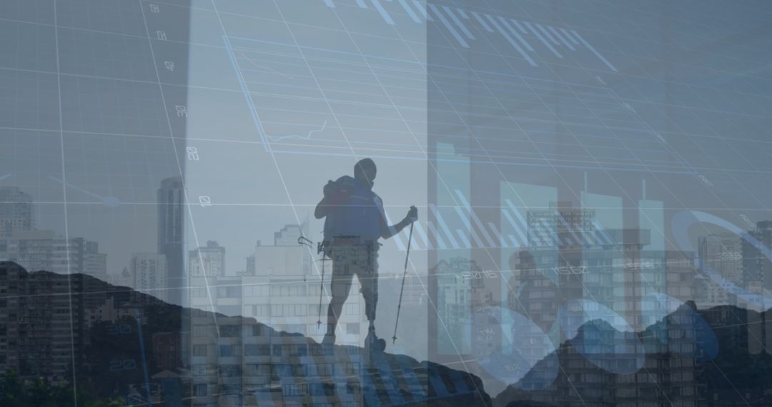 Digital Financial Data Overlay with Cityscape and Hiker Silhouette