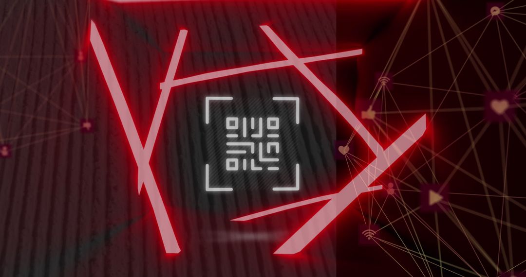 Neon QR Code Scanner with Digital Icons Spinning