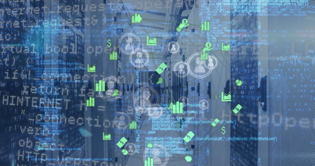 Global Finance Data Visualization in Server Room with Digital Graphics